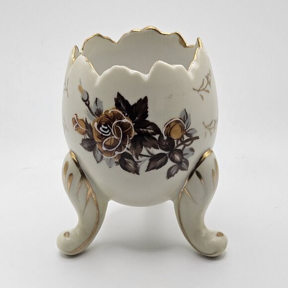 Vintage Porcelain Egg Vase on Legs Gold Trim Brown Rose Floral Pattern 4” Tall - Picture 1 of 5